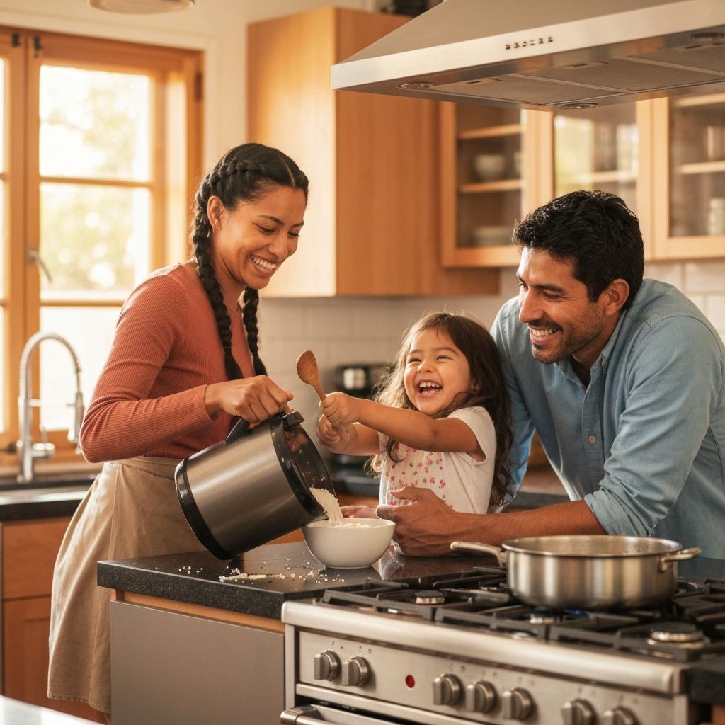 Familia peruana cocinando con su dispensador Smart Rice
